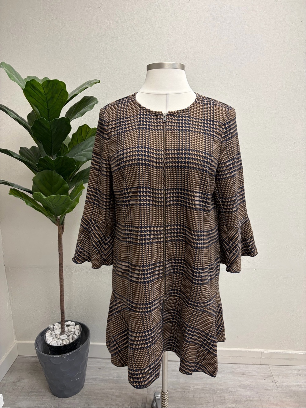 Cabi Brown and Navy Plaid Flounce Jacket